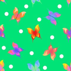 Summer pattern with polka color butterfly on green