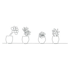 Self Drawing of one line Vector Succulent Plants. Self-drawing  of one continuous line.  Sketch Vector  Illustration. Minimalistic Floral Design.