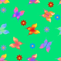 Fototapeta na wymiar Summer pattern with flower, butterfly on green