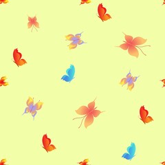 Fototapeta na wymiar Summer pattern with color butterflies on yellow