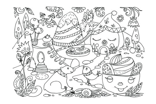 illustration of fairy houses. Coloring sheet.