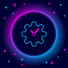 Glowing neon line Time Management icon isolated on black background. Clock and gear sign. Productivity symbol. Colorful outline concept. Vector.