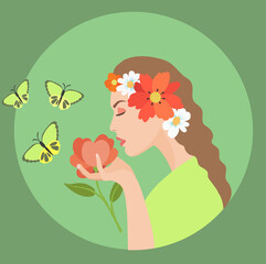 Profile of a girl with a flower and a butterfly