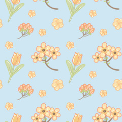 Cute yellow tulips and flowers seamless pattern with light blue background