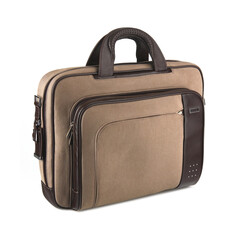 Brown fabric travel suitcase isolated on white