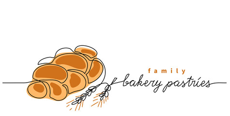 Bakery pastries vector sign, banner, poster, background. One continuous line drawing of bun bread with lettering family bakery pastries
