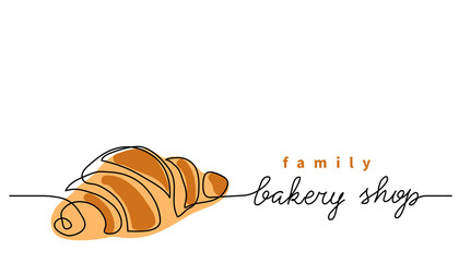 Bakery shop or store vector sign, banner, poster, background. One continuous line drawing of croissant with lettering family bakery shop