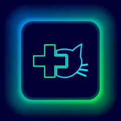 Glowing neon line Veterinary clinic symbol icon isolated on black background. Cross with cat veterinary care. Pet First Aid sign. Colorful outline concept. Vector.