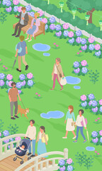 梅雨の紫陽花と人々の生活風景(街並み、町並み)のベクターイラスト　バナー(アイソメトリック、アイソメ)