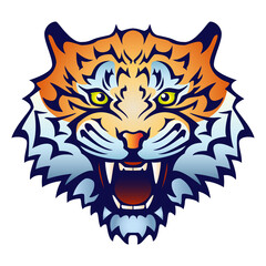 Tiger head with an open mouth and bared fangs - color vector illustration, isolated on white background