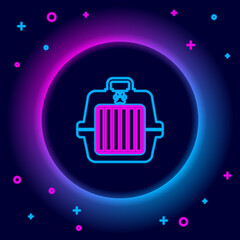 Glowing neon line Pet carry case icon isolated on black background. Carrier for animals, dog and cat. Container for animals. Animal transport box. Colorful outline concept. Vector.