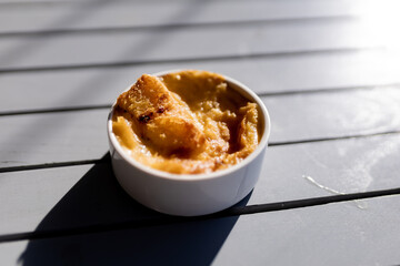 Egg custard creme brulee with rim light.