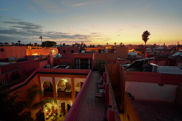 Arabian night. Traveling by Morocco. Relaxing in festive moroccan traditional riad in medina.