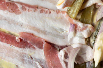 Raw meat texture background closeup bacon.