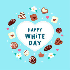 Happy White Day Greeting Card vector illustration. Chocolate frame heart badge on blue background