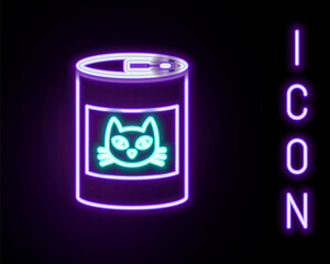 Glowing neon line Canned food for cat icon isolated on black background. Food for animals. Pet dog food can. Colorful outline concept. Vector.