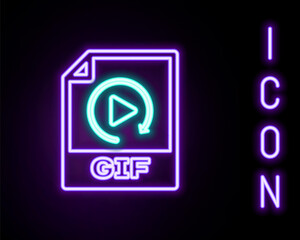 Glowing neon line GIF file document. Download gif button icon isolated on black background. GIF file symbol. Colorful outline concept. Vector.
