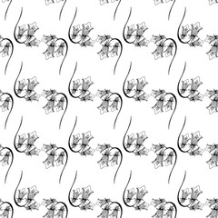 Seamless pattern with black white small flowers. Daisies, roses, cornflowers and other wild flowers