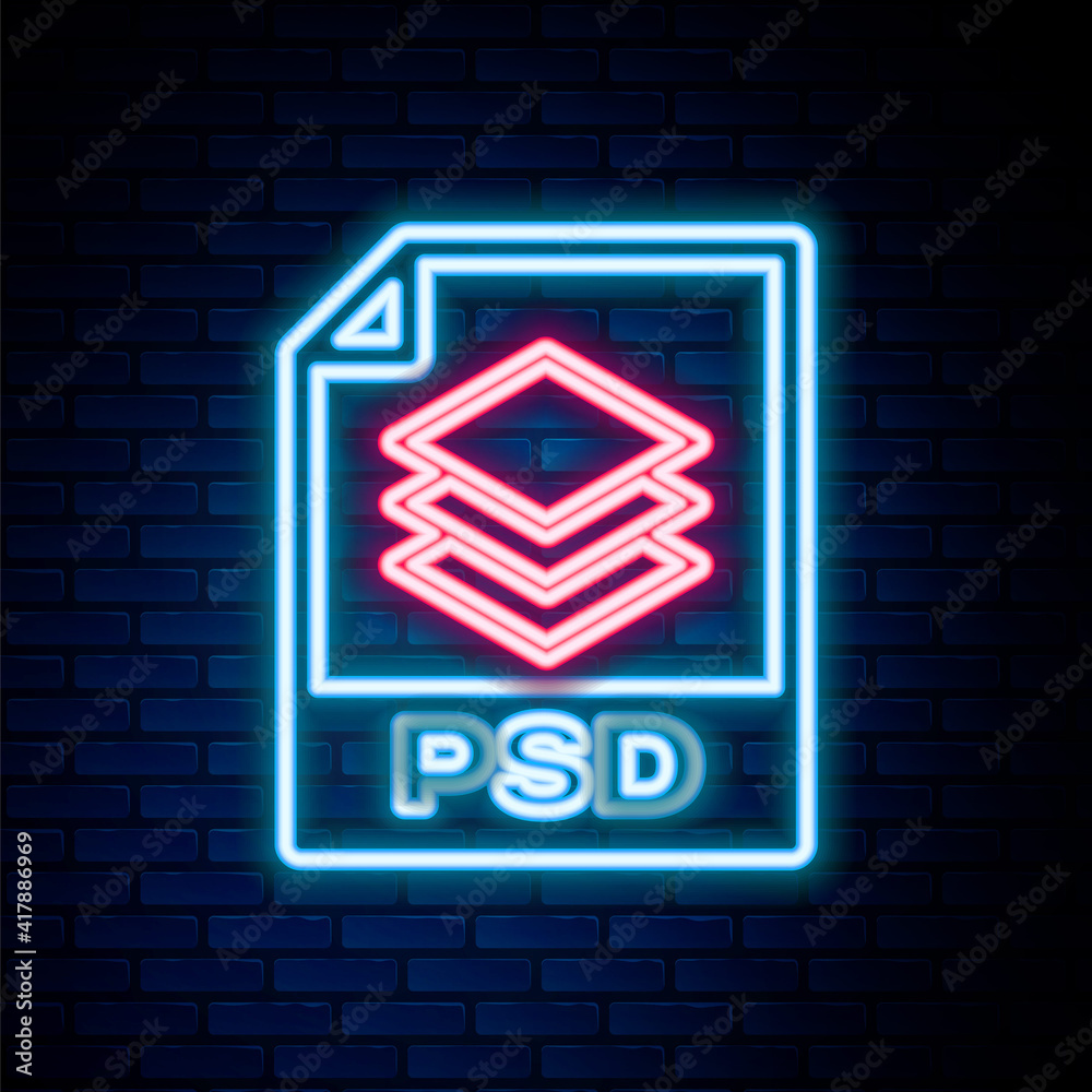 Poster Glowing neon line PSD file document. Download psd button icon isolated on brick wall background. PSD file symbol. Colorful outline concept. Vector.