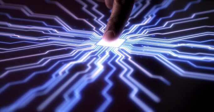 Human Finger Turns On Super Computer With Fingerprint Technology. Super AI Computers Integrating With Human Life.
