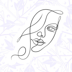 International Women's Day minimal design line drawing style. Portrait of young woman beauty face isolated on pastel leaf background. Vector for Spa, fashion, hairdressing and beautiful artwork design.