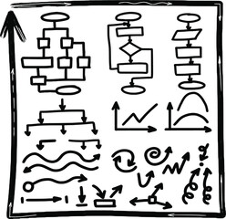 Vector set of hand drawn arrows, diagrams and charts in doodle style. Navigation, tooltip, business presentation, modern style.