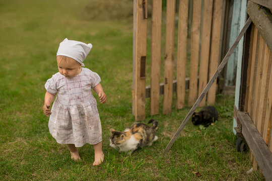 A Dirty Dirty Kid Runs Away From A Cat With Kittens . A Girl In A Dirty White Dress And A Kerchief In The Village Near A Wooden Fence.