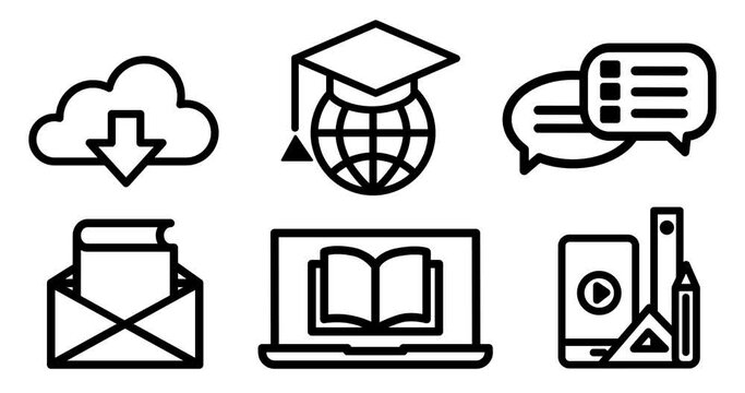 Icon set of internet education concept, e-learning resources, distant online courses.