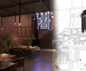 bar counter in a nightclub, interior visualization, 3D illustration