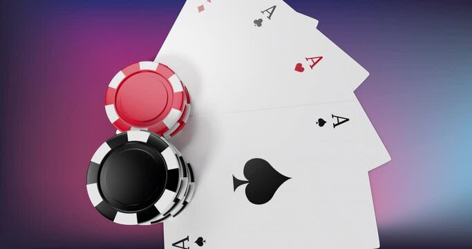 Animation of casino chips and playing cards over gradient purple to pink background
