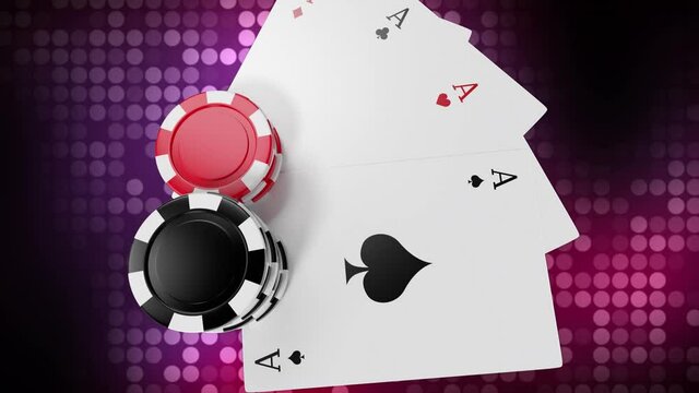 Animation of casino chips and playing cards over glowing red and purple spots