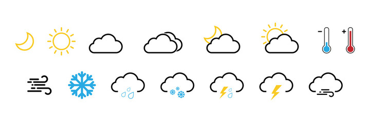 Weather icons. Weather forecast. Contains symbols of the sun, clouds, snowflakes, wind, moon, rain