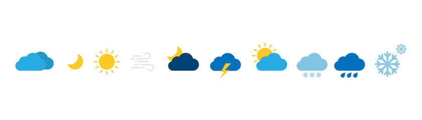 Weather icons. Weather forecast. Contains symbols of the sun, clouds, snowflakes, wind, moon, rain