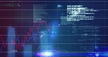 Animation of binary coding and data processing over cardboard boxes moving - Powered by Adobe