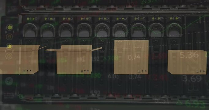 Animation of computer server with data processing over cardboard boxes on conveyor belt