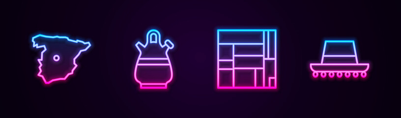 Set line Map of Spain, Sangria pitcher, House Edificio Mirador and Spanish hat. Glowing neon icon. Vector.