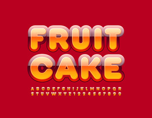 Vector tasty template Fruit Cake with Red and Orange Font. Glossy Alphabet Letters and Numbers set