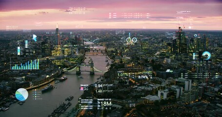 Augmented reality elements over London Financial District with financial charts and data.
Futuristic aerial skyline of London with stock exchange figures. Representing concepts as Big data, AR. - Powered by Adobe