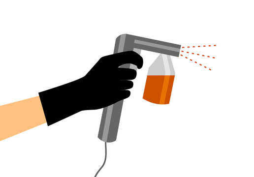 Hand In A Black Glove Holds A Gray Spray Tan Machine. Vector Illustration Of Auto Tanning Procedure