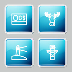 Set line Canadian dollar, Moose head with horns, Lighthouse and totem pole icon. Vector.