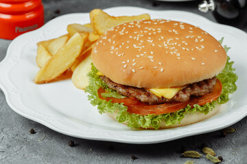 hamburger with fries and salad on the plate