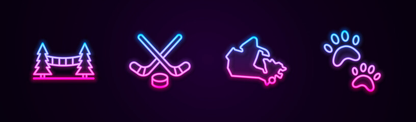 Set line Capilano Suspension Bridge, Ice hockey sticks and puck, Canada map and Paw print. Glowing neon icon. Vector.