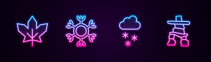 Set line Canadian maple leaf, Snowflake, Cloud with snow and Inukshuk. Glowing neon icon. Vector.