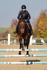 Young horsewoman on brown horse overcomes an obstacle outdoors, copy space. Equestrian sport, jumping.