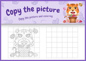 copy the picture kids game and coloring page themed easter with a cute tiger and bucket egg