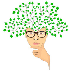 Surrealism. Portrait of a man with green leaves growing instead of hair. Eco-friendly business concept. illustration