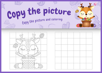 copy the picture kids game and coloring page themed easter with a cute deer and bucket egg
