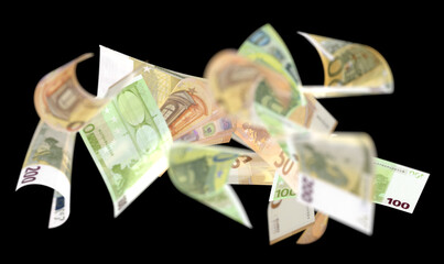 capital euro money rain isolated black background 3d
