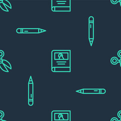 Set line Photo album gallery, Pencil with eraser and Scissors on seamless pattern. Vector.