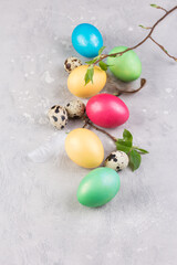 Easter eggs decorations over retro background. Easter composition.
